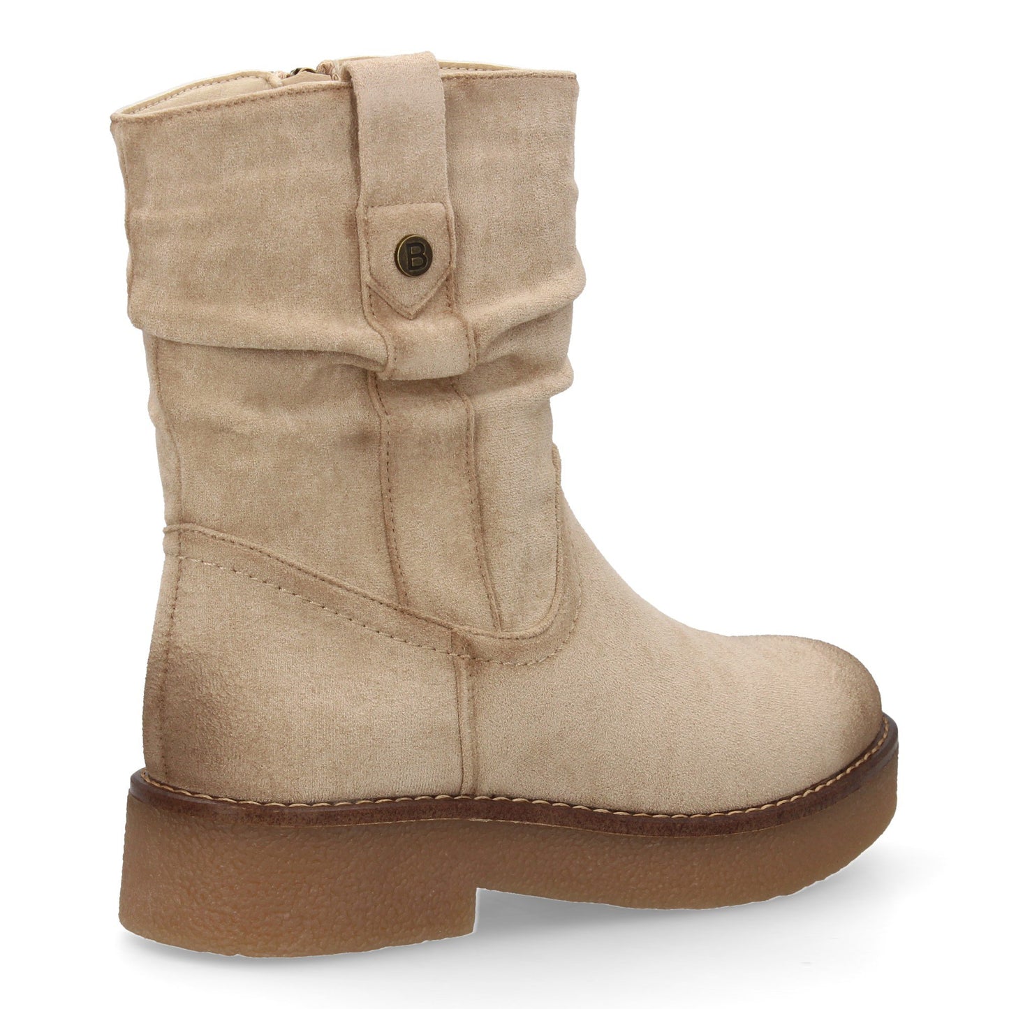 Botines planos beige de mujer, caña arrugada, detalles de costura, suela antideslizante, otoño invierno.
