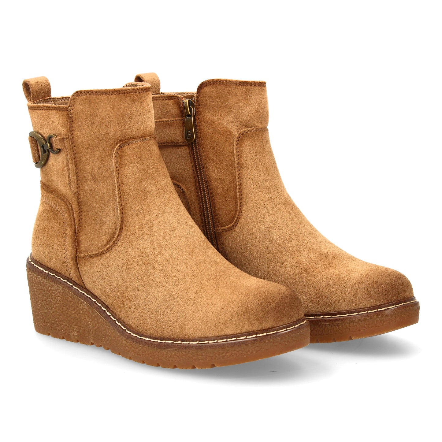 Botín kaki de mujer, cuña cómoda, adorno metálico lateral con estribo, cierre de cremallera, otoño invierno.