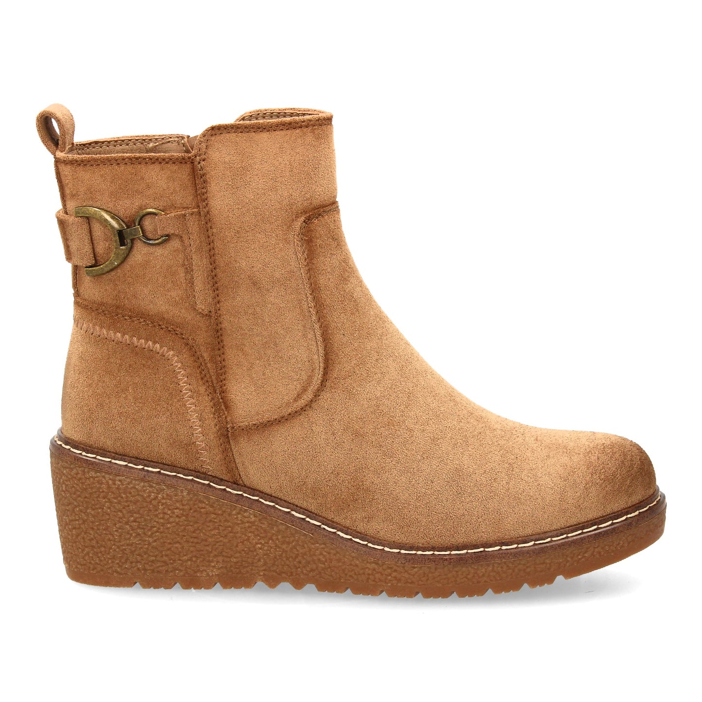 Botín kaki de mujer, cuña cómoda, adorno metálico lateral con estribo, cierre de cremallera, otoño invierno.