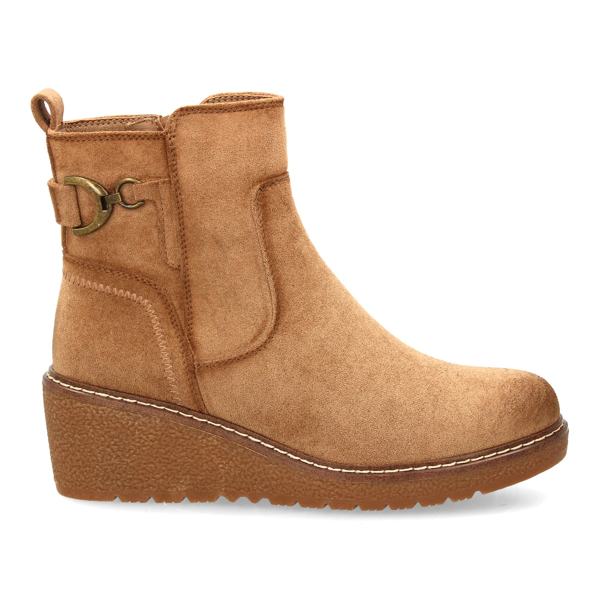 Botín kaki de mujer, cuña cómoda, adorno metálico lateral con estribo, cierre de cremallera, otoño invierno.