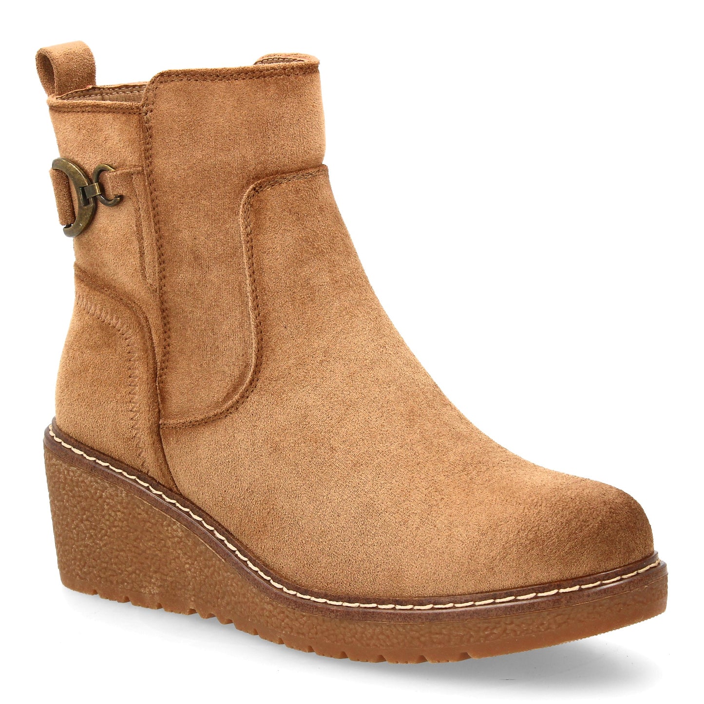 Botín kaki de mujer, cuña cómoda, adorno metálico lateral con estribo, cierre de cremallera, otoño invierno.