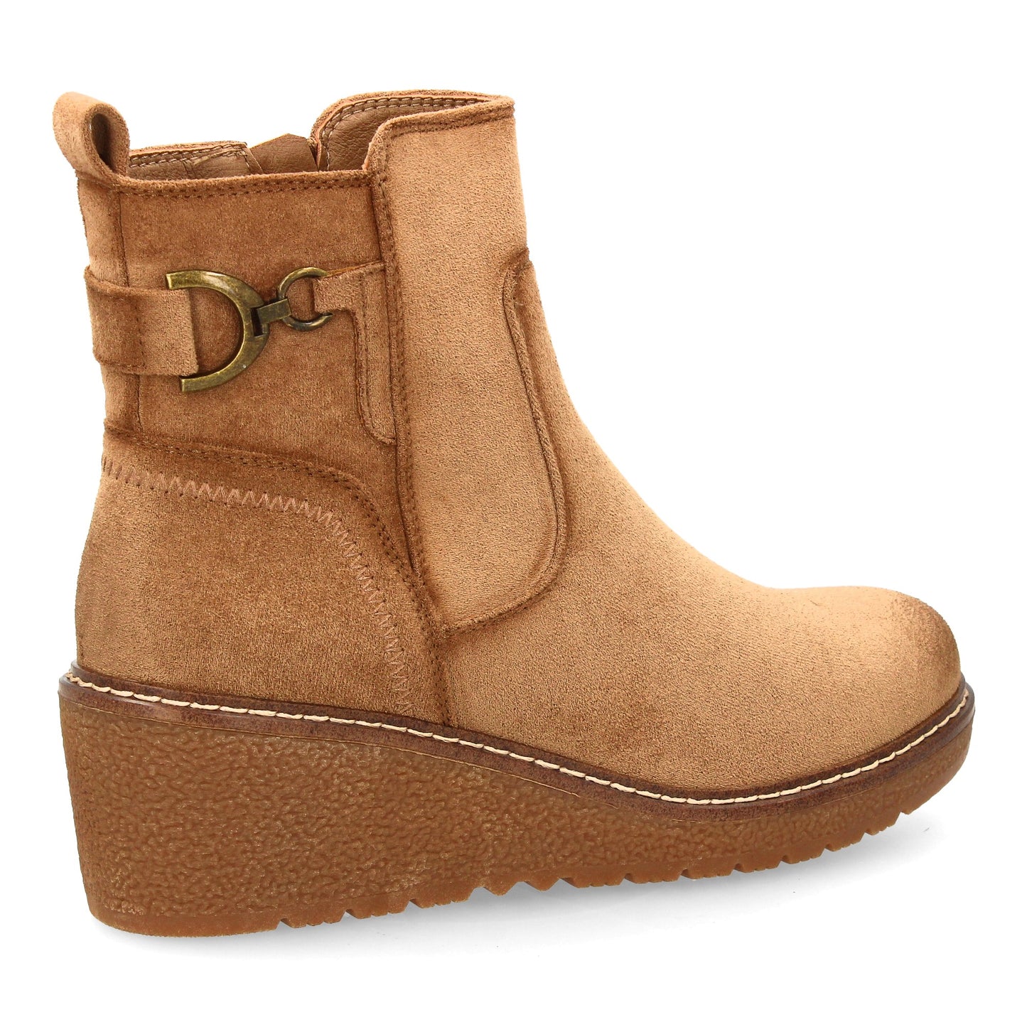 Botín kaki de mujer, cuña cómoda, adorno metálico lateral con estribo, cierre de cremallera, otoño invierno.