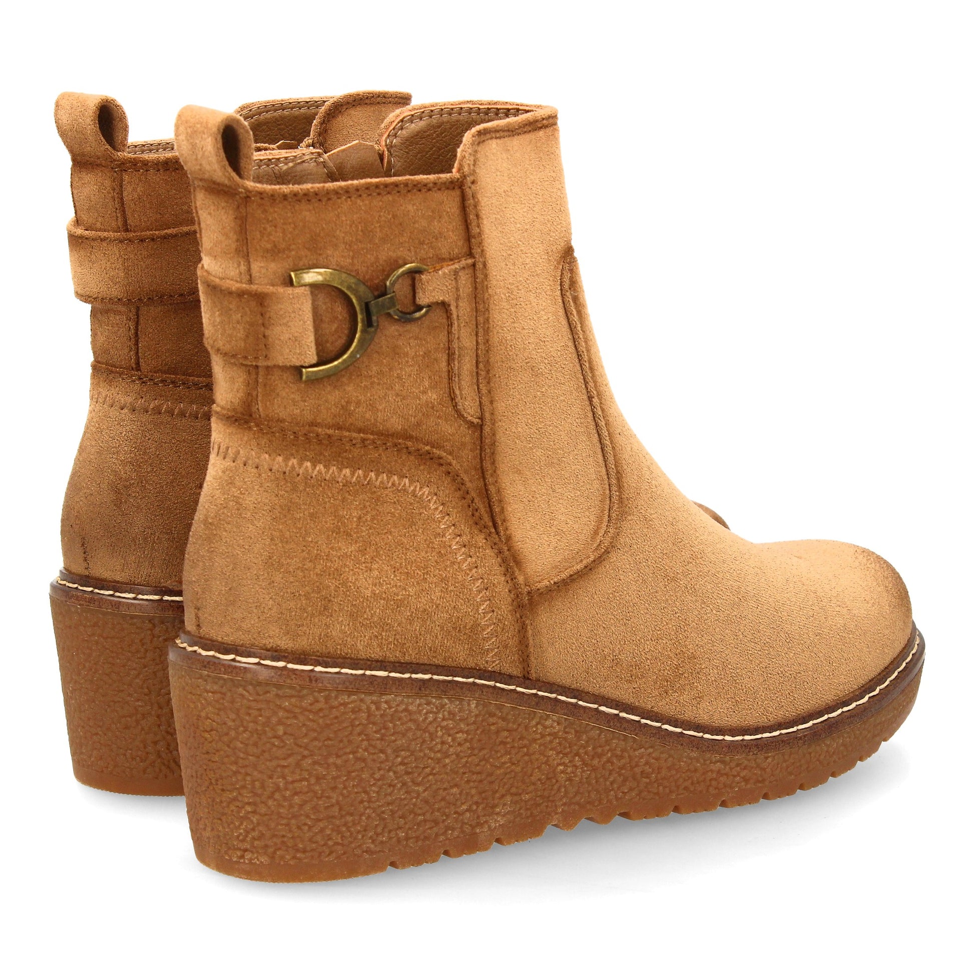 Botín kaki de mujer, cuña cómoda, adorno metálico lateral con estribo, cierre de cremallera, otoño invierno.