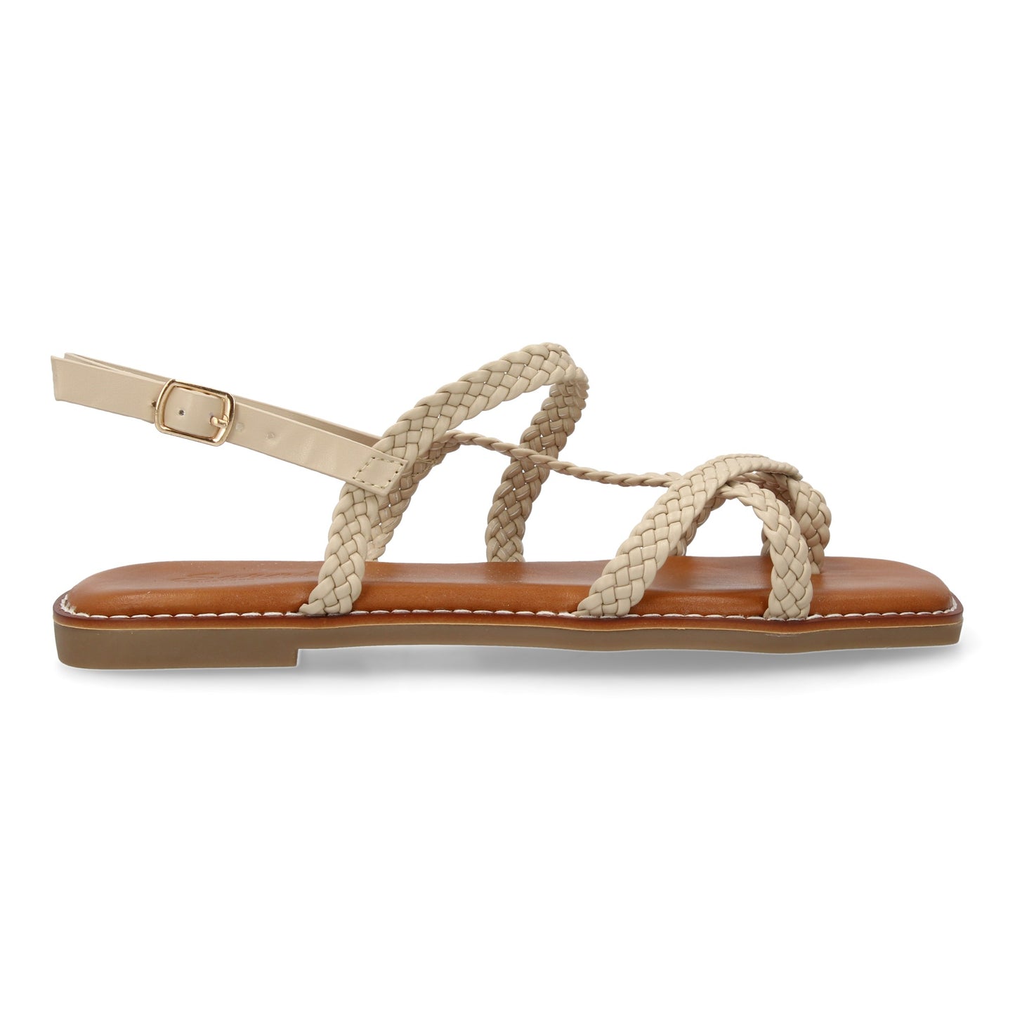 Sandalias planas beige de mujer, diseño trenzado, cierre de hebilla ajustable, cómodas y elegantes.