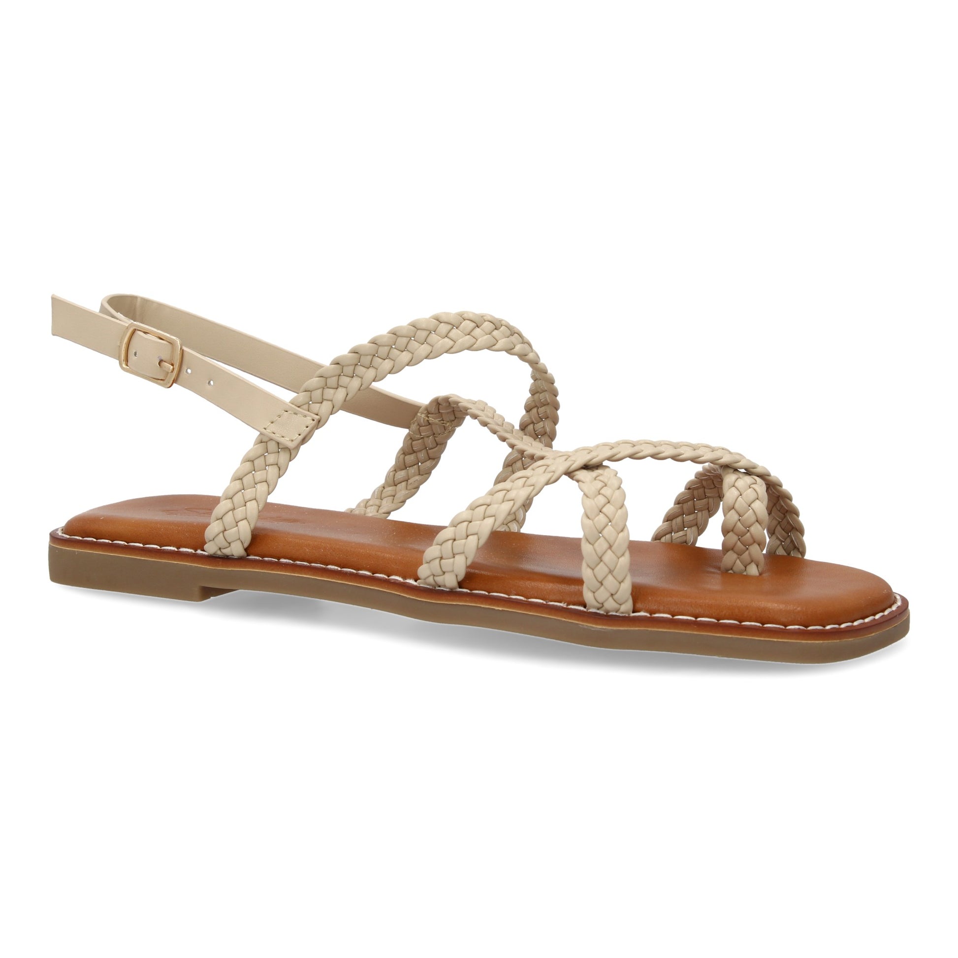 Sandalias planas beige de mujer, diseño trenzado, cierre de hebilla ajustable, cómodas y elegantes.