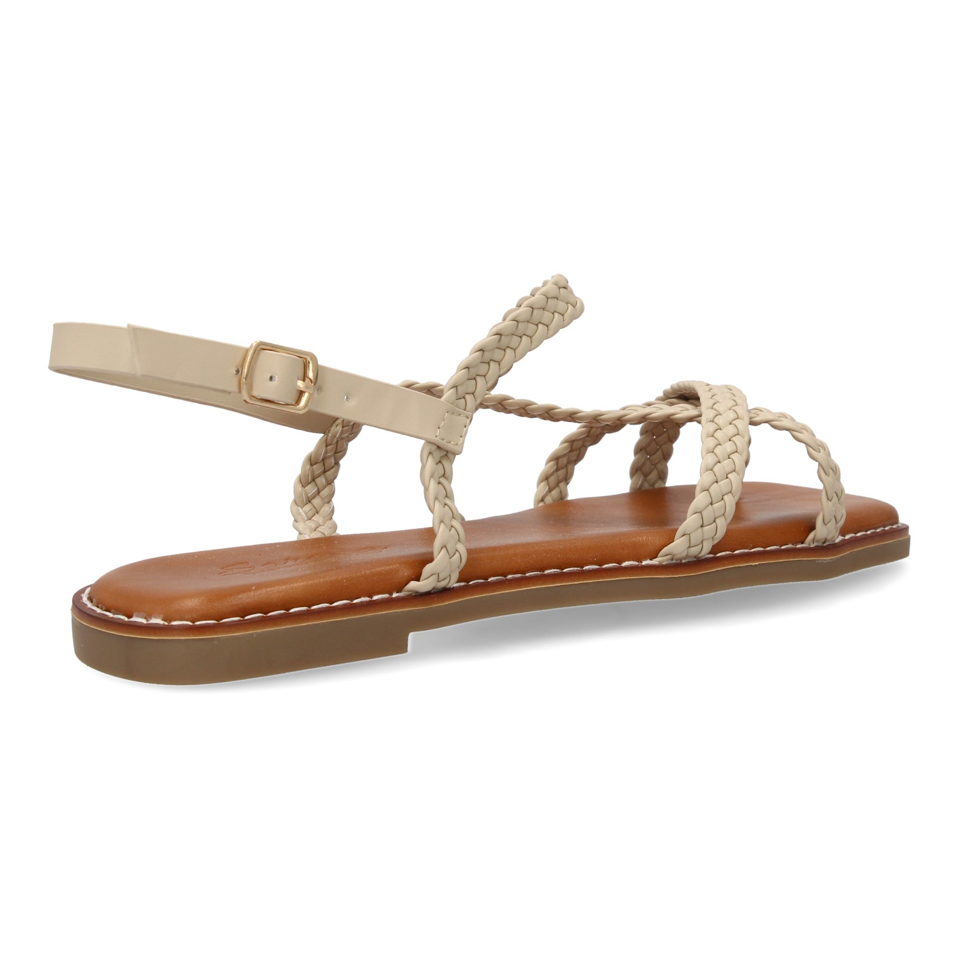 Sandalias planas beige de mujer, diseño trenzado, cierre de hebilla ajustable, cómodas y elegantes.