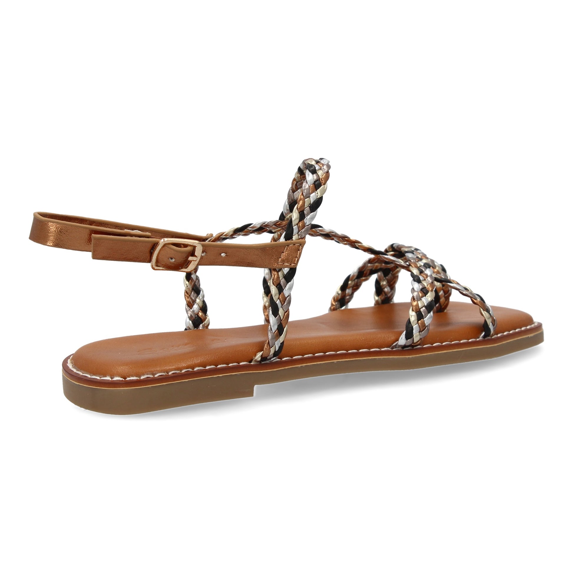 Sandalias planas color champán de mujer, diseño trenzado, cierre de hebilla ajustable, cómodas y elegantes.