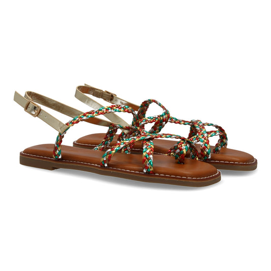Sandalias planas multicolor de mujer, diseño trenzado, cierre de hebilla ajustable, cómodas y elegantes.