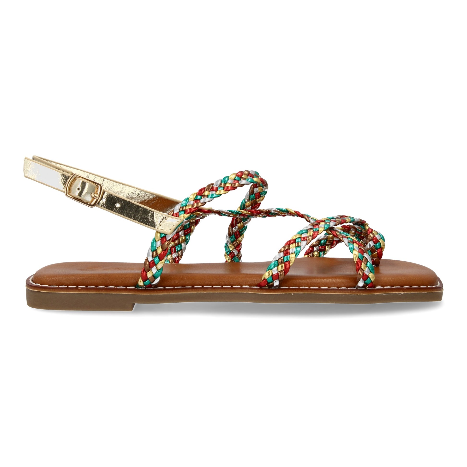 Sandalias planas multicolor de mujer, diseño trenzado, cierre de hebilla ajustable, cómodas y elegantes.