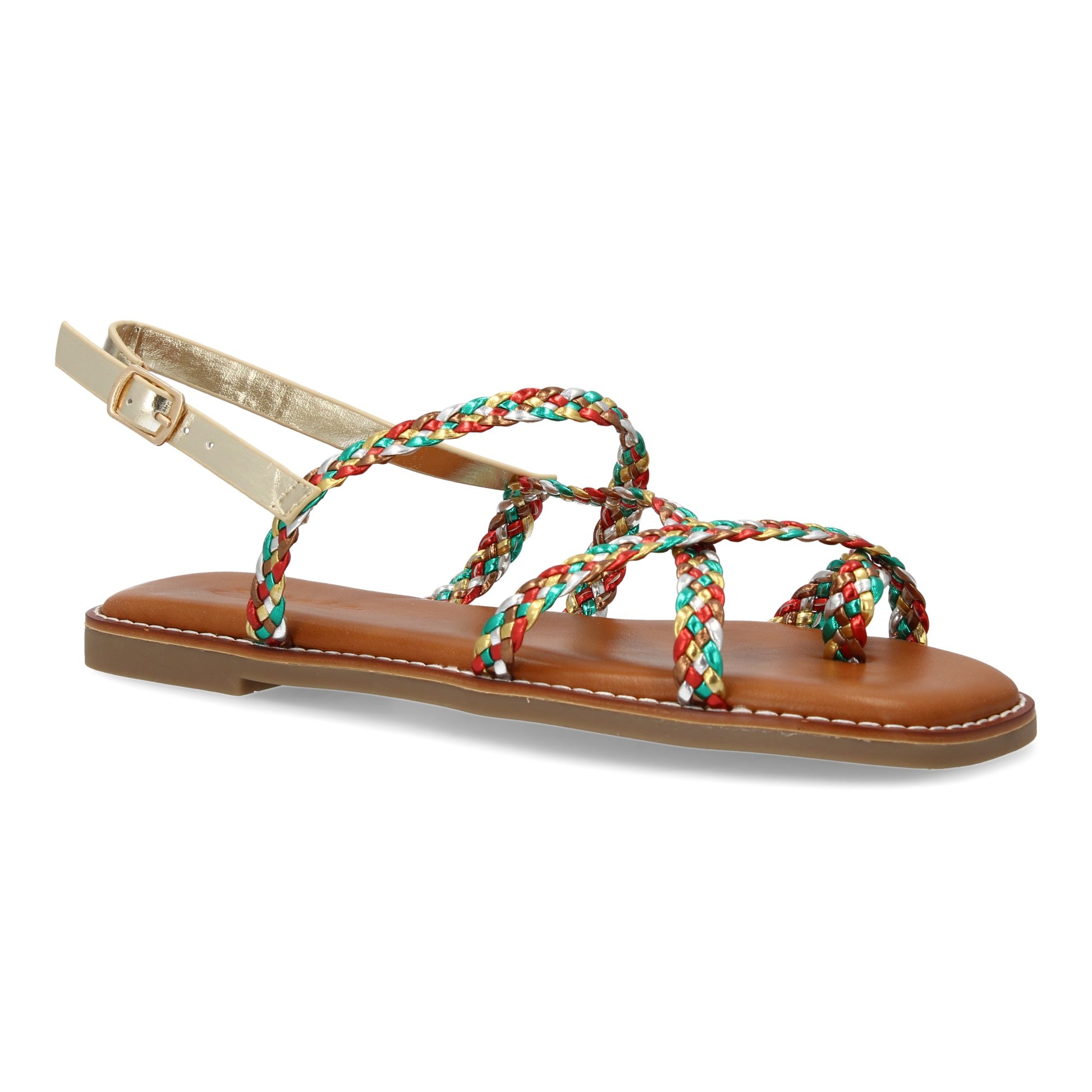 Sandalias planas multicolor de mujer, diseño trenzado, cierre de hebilla ajustable, cómodas y elegantes.