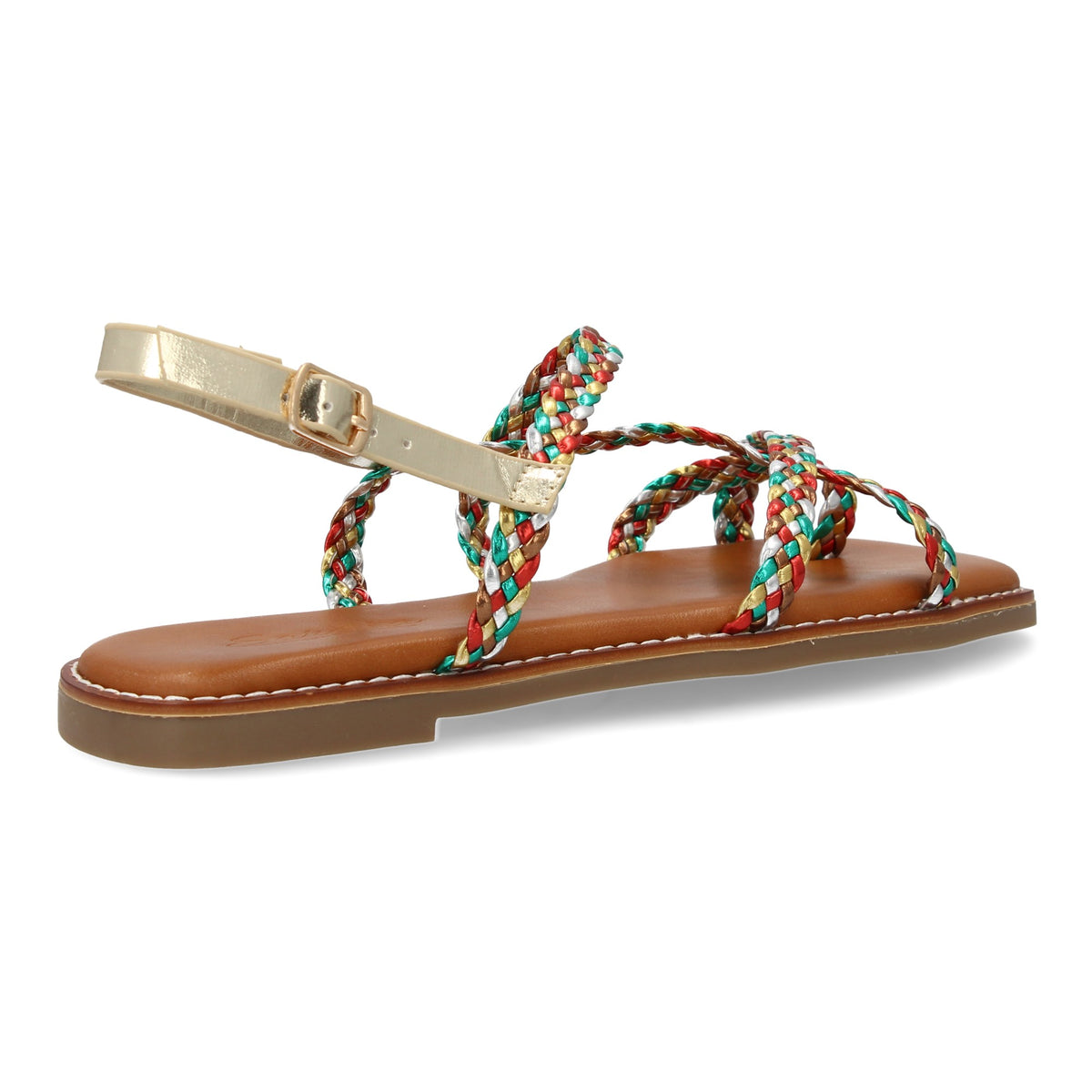 Sandalias planas multicolor de mujer, diseño trenzado, cierre de hebilla ajustable, cómodas y elegantes.