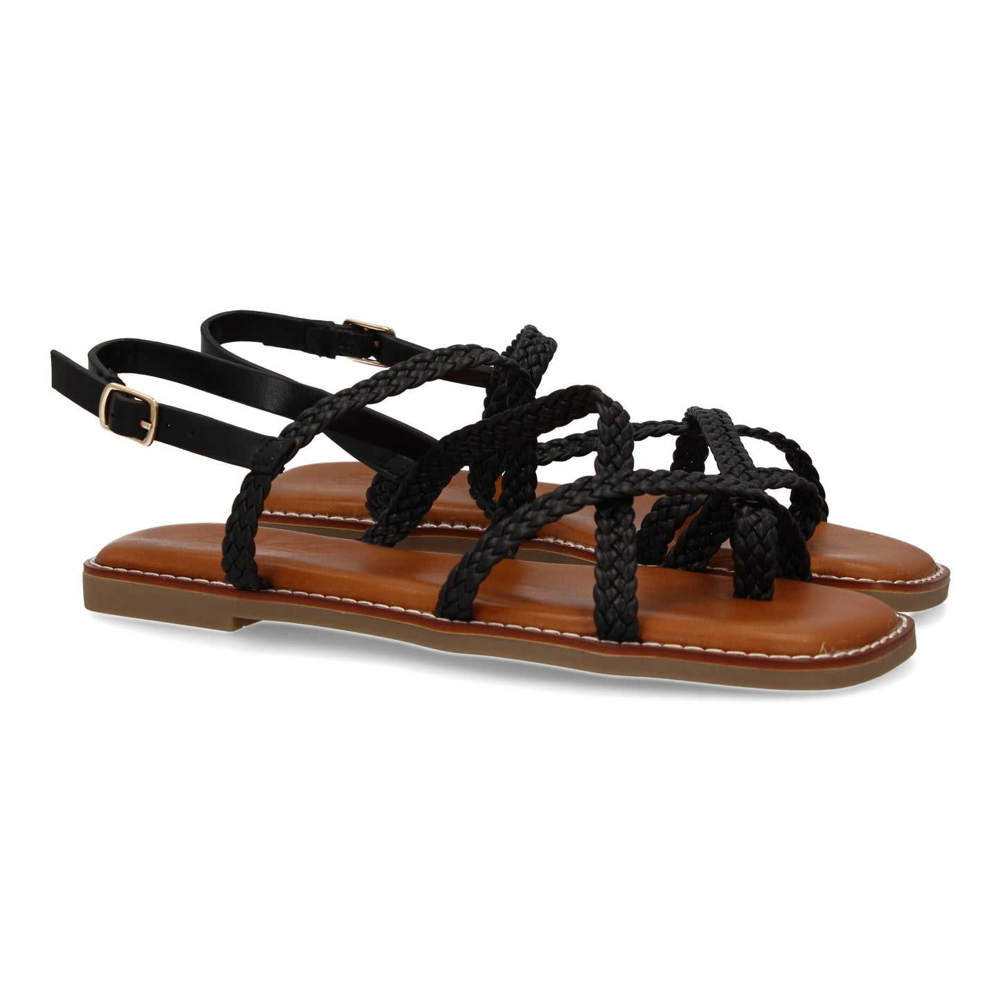 Sandalias planas negras de mujer, diseño trenzado, cierre de hebilla ajustable, cómodas y elegantes.