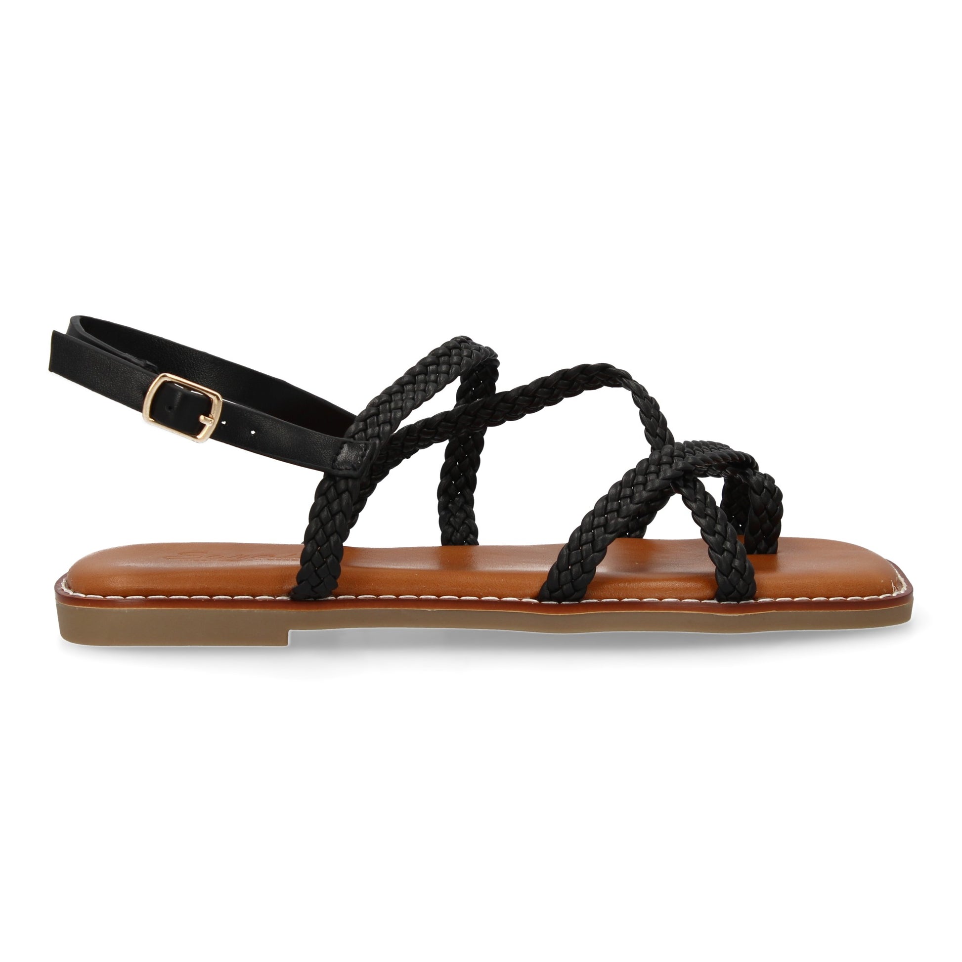 Sandalias planas negras de mujer, diseño trenzado, cierre de hebilla ajustable, cómodas y elegantes.
