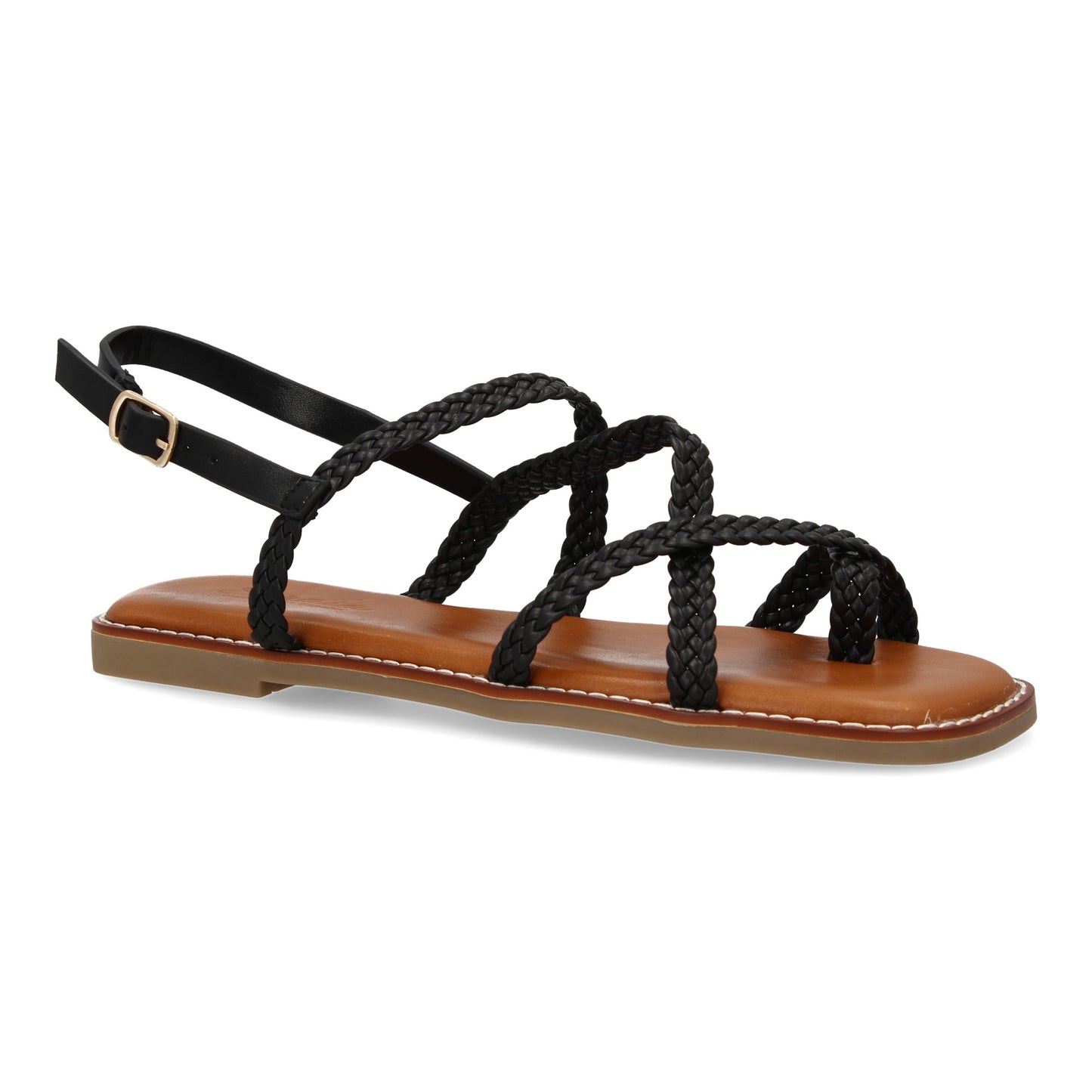 Sandalias planas negras de mujer, diseño trenzado, cierre de hebilla ajustable, cómodas y elegantes.