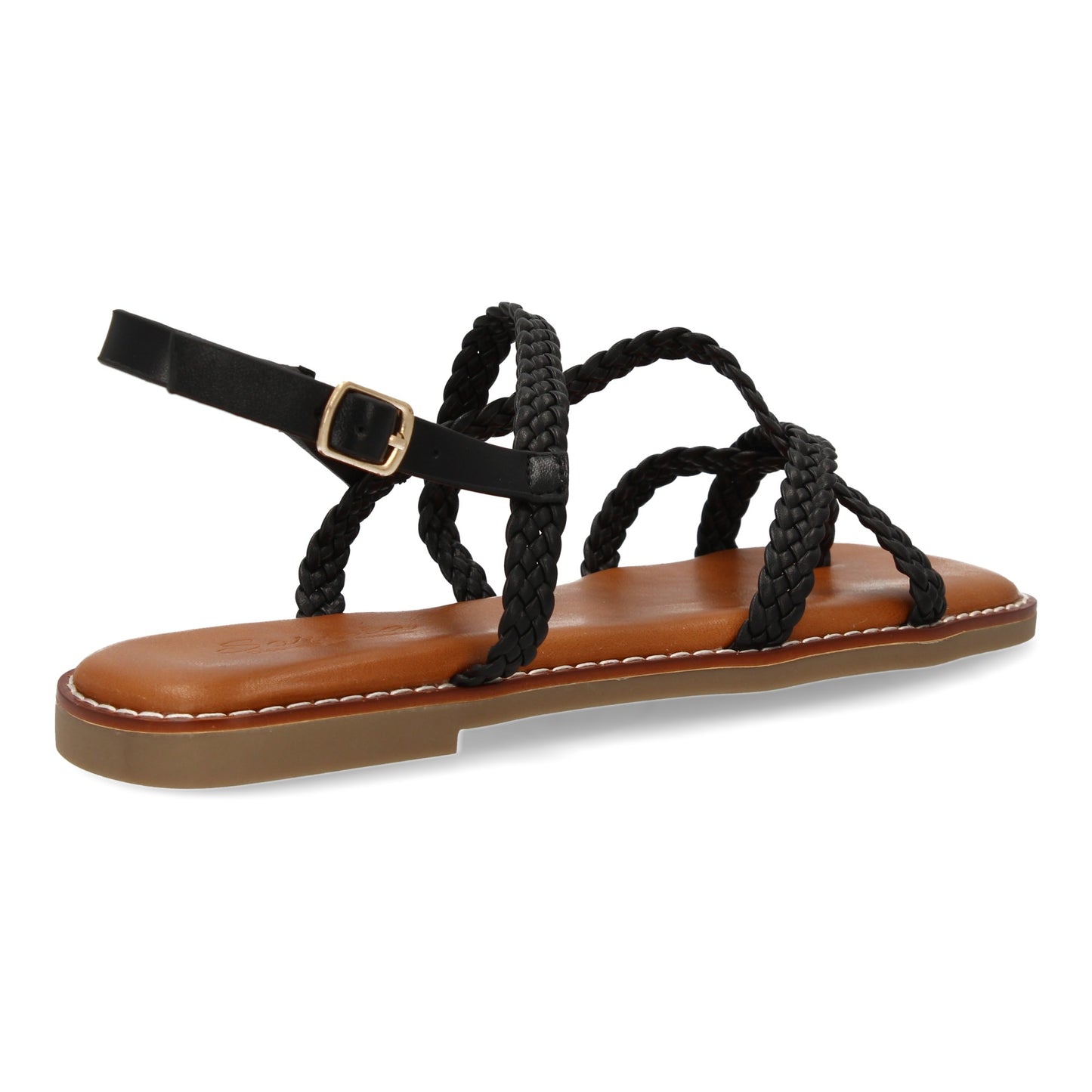 Sandalias planas negras de mujer, diseño trenzado, cierre de hebilla ajustable, cómodas y elegantes.