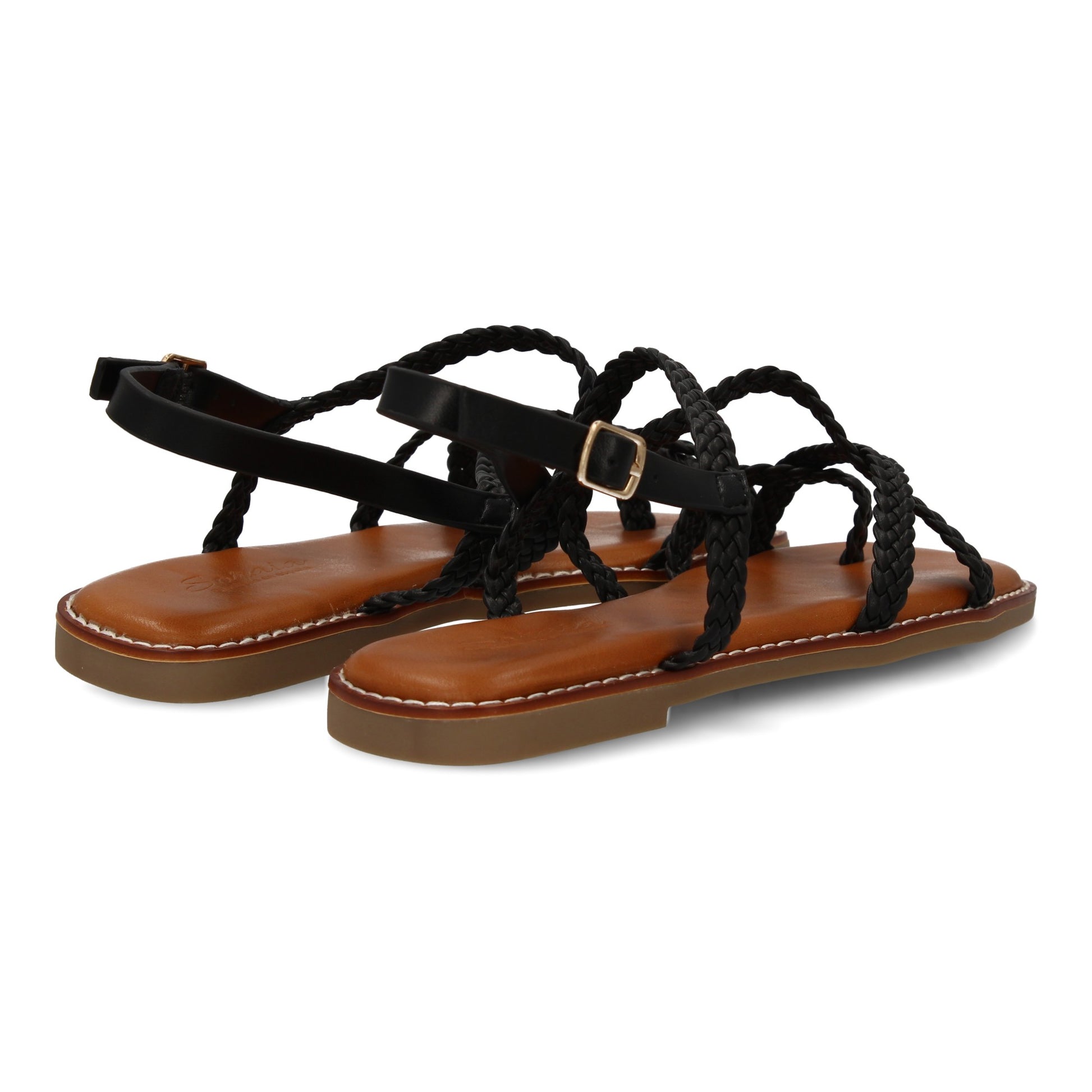 Sandalias planas negras de mujer, diseño trenzado, cierre de hebilla ajustable, cómodas y elegantes.