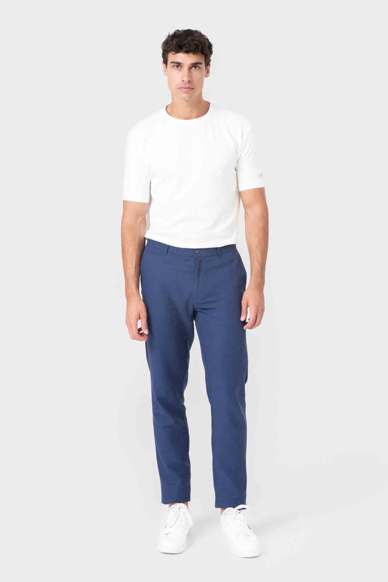 Pantalón de vestir azul para hombre de diseño español en lino y algodón Celopman