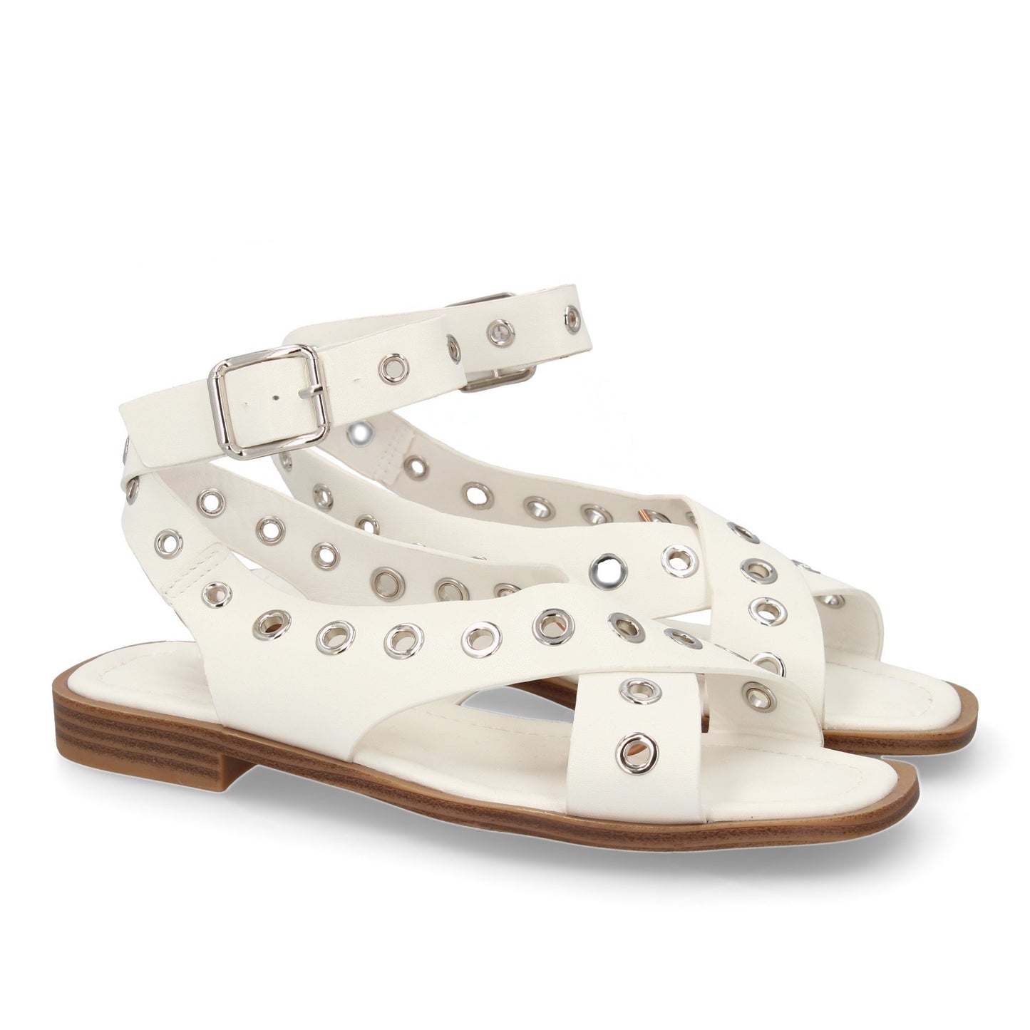 Sandalias planas blancas de mujer, ojales, cierre de hebilla, cómodas y elegantes, primavera verano.