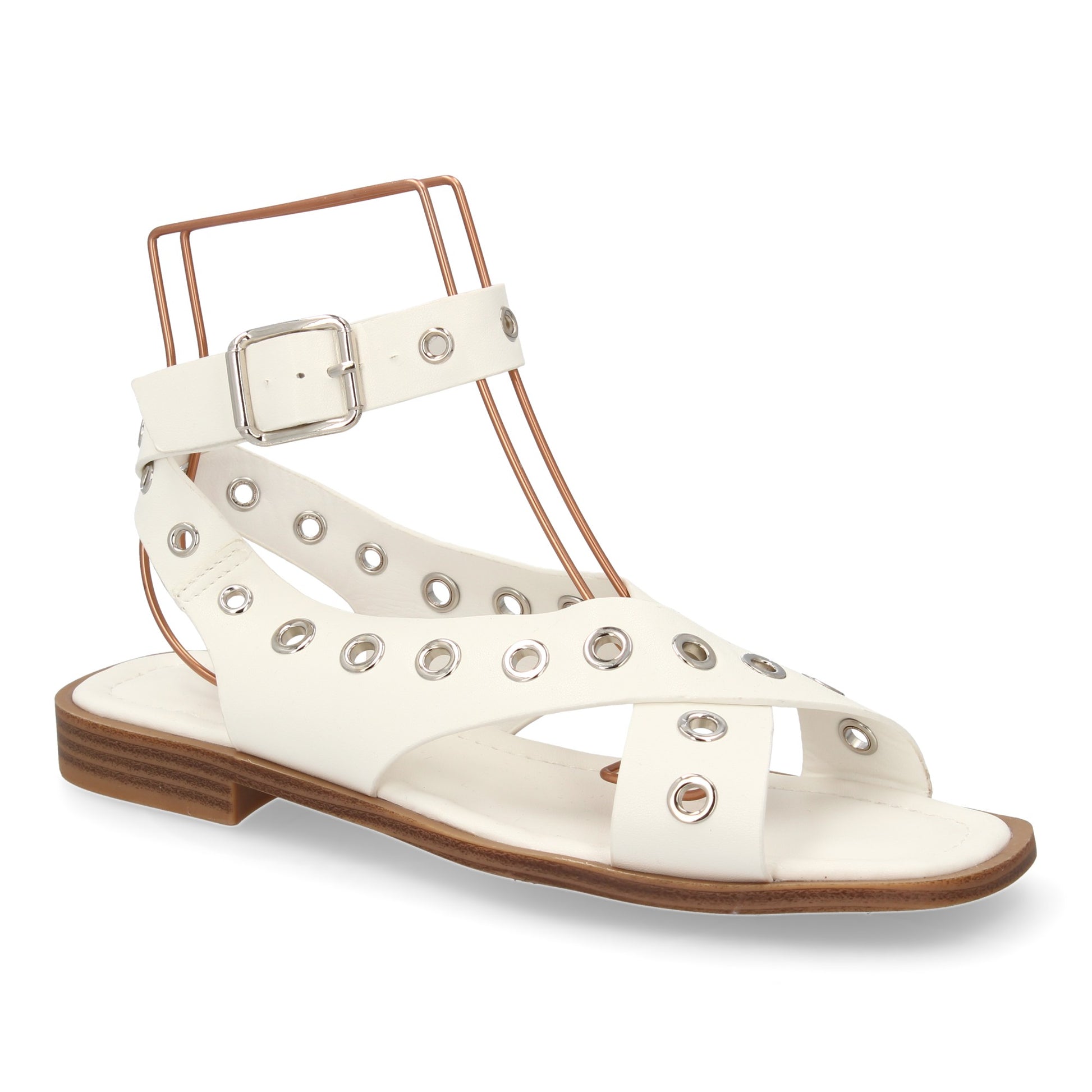 Sandalias planas blancas de mujer, ojales, cierre de hebilla, cómodas y elegantes, primavera verano.