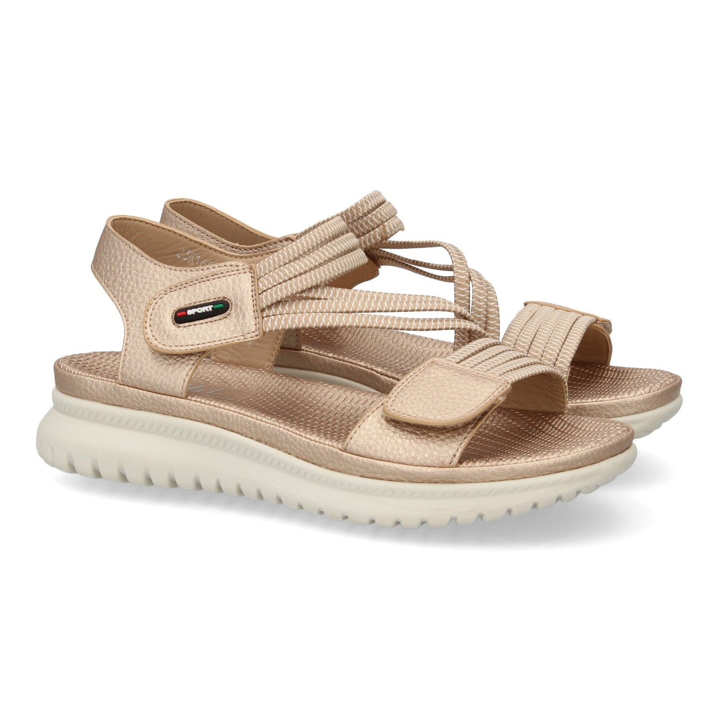 Sandalia plana color champán de mujer, doble velcro, tiras elásticas, ligera y cómoda, primavera verano.