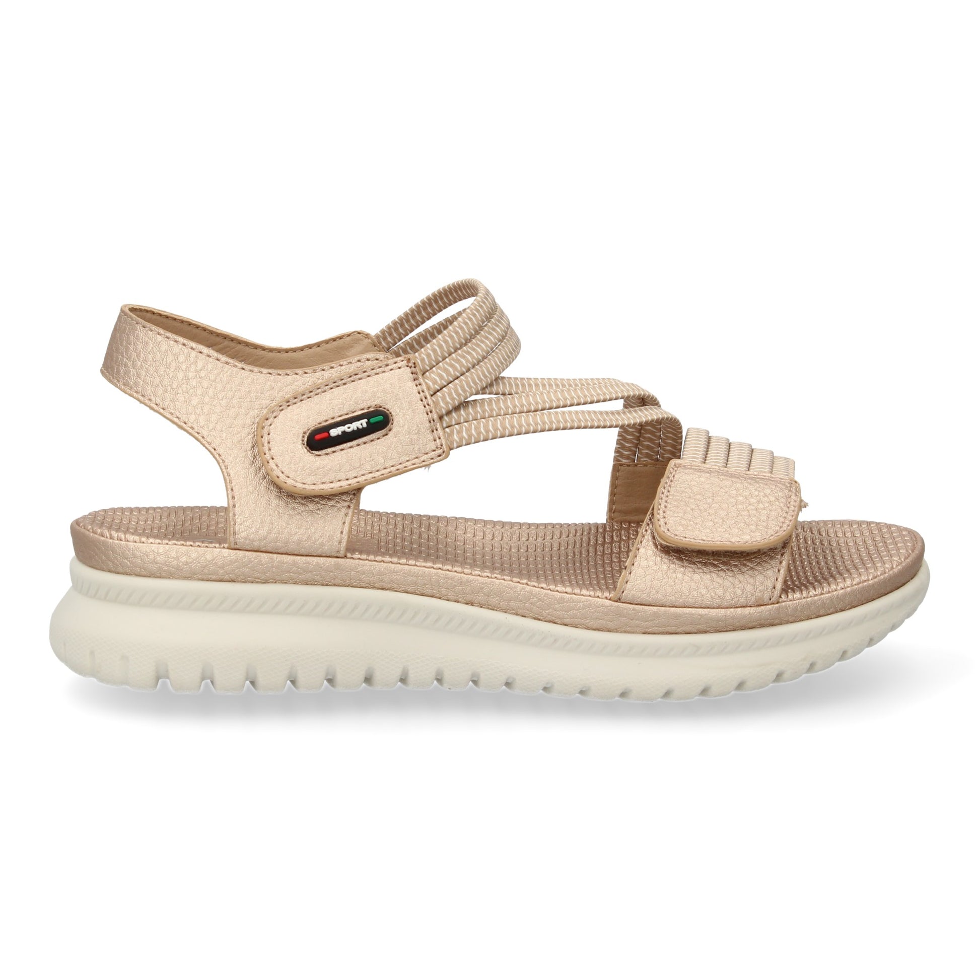 Sandalia plana color champán de mujer, doble velcro, tiras elásticas, ligera y cómoda, primavera verano.