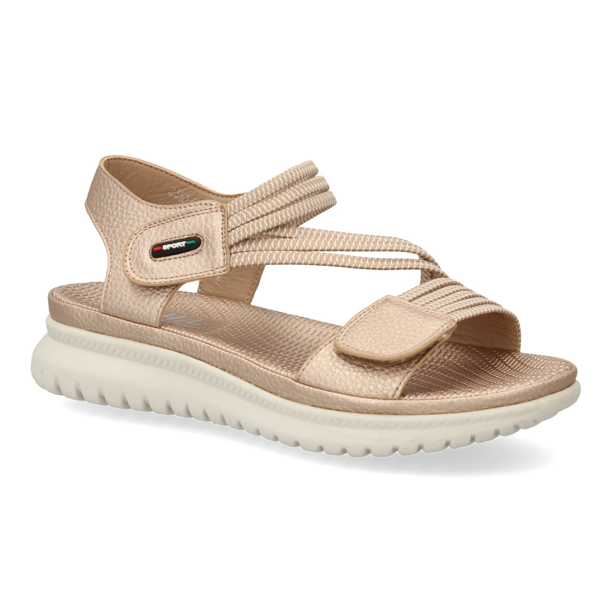 Sandalia plana color champán de mujer, doble velcro, tiras elásticas, ligera y cómoda, primavera verano.