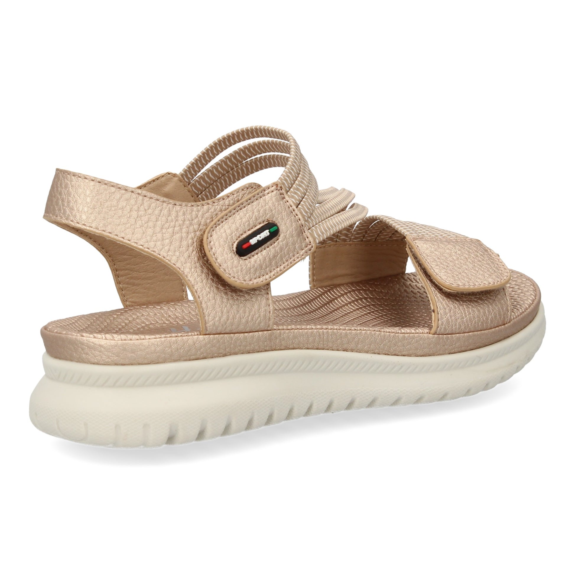 Sandalia plana color champán de mujer, doble velcro, tiras elásticas, ligera y cómoda, primavera verano.