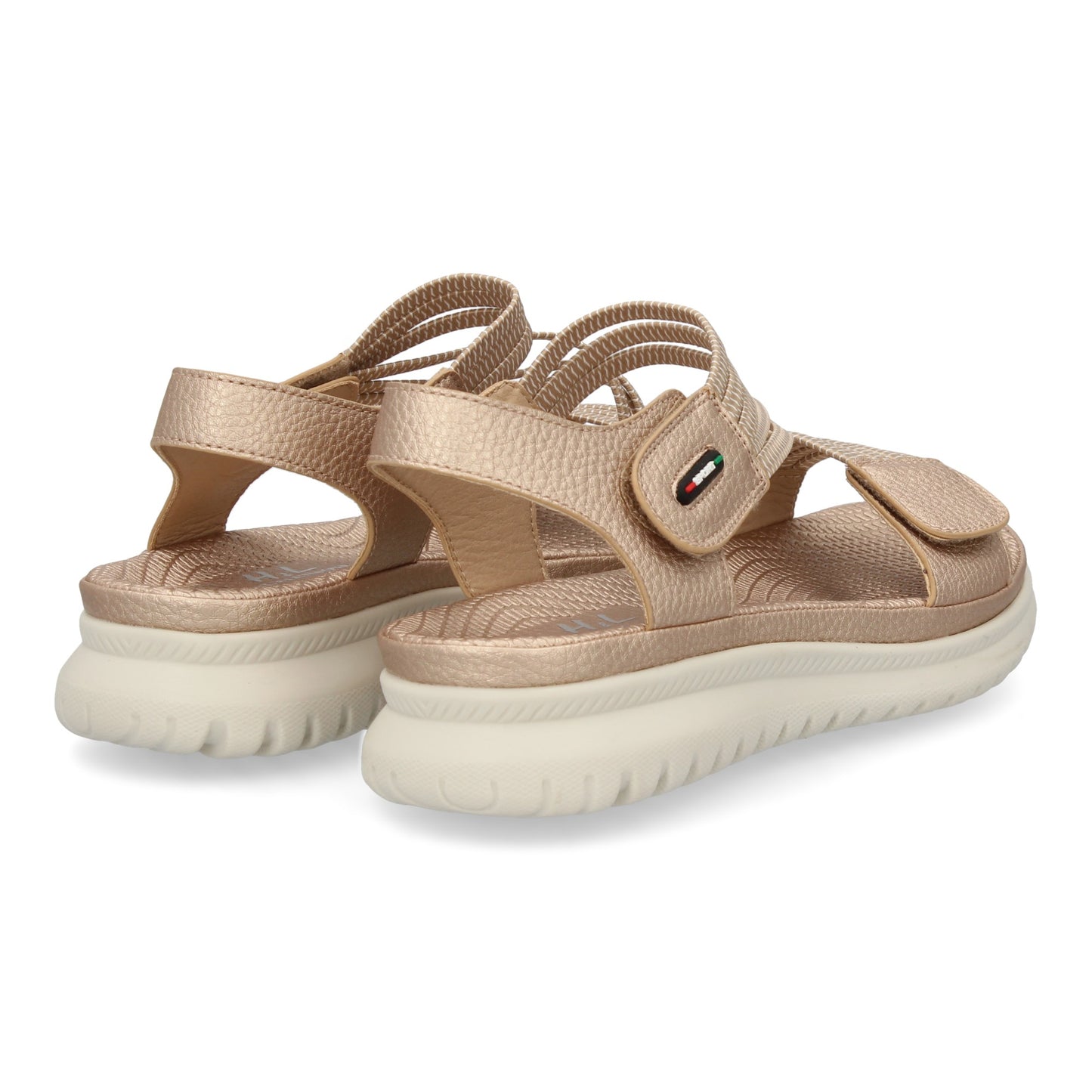 Sandalia plana color champán de mujer, doble velcro, tiras elásticas, ligera y cómoda, primavera verano.