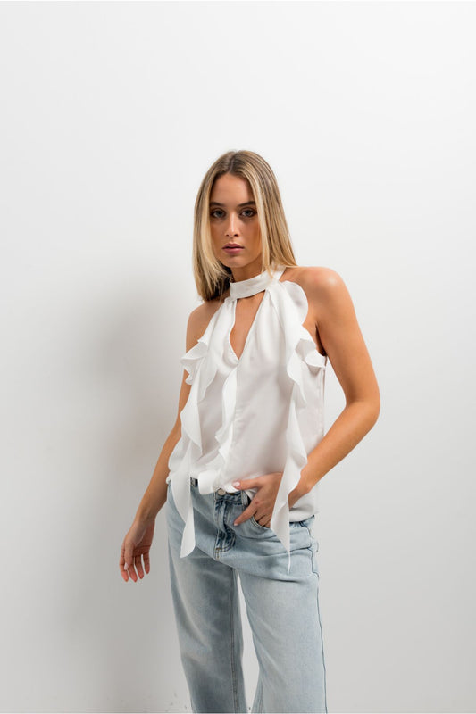 Cuerpo volantes de color blanco, blusa sin mangas estilo casual para el verano