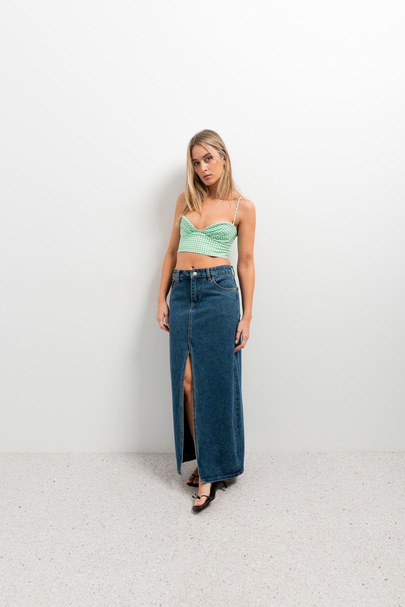 Top crop verde mujer cuadros vichy tirantes retro