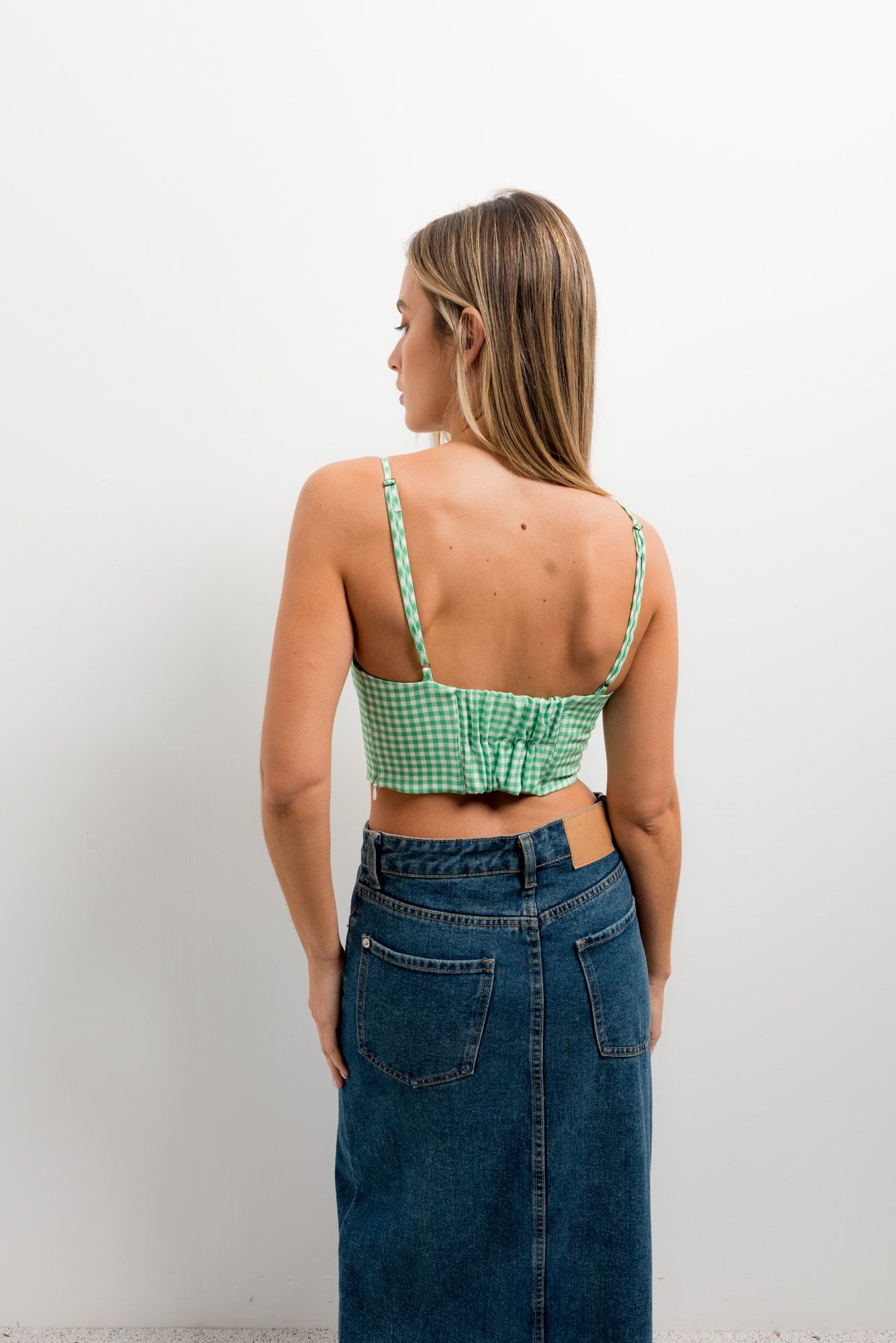 Top crop verde mujer cuadros vichy tirantes retro