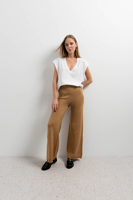 Pantalón ancho punto beige gris mujer cómodo