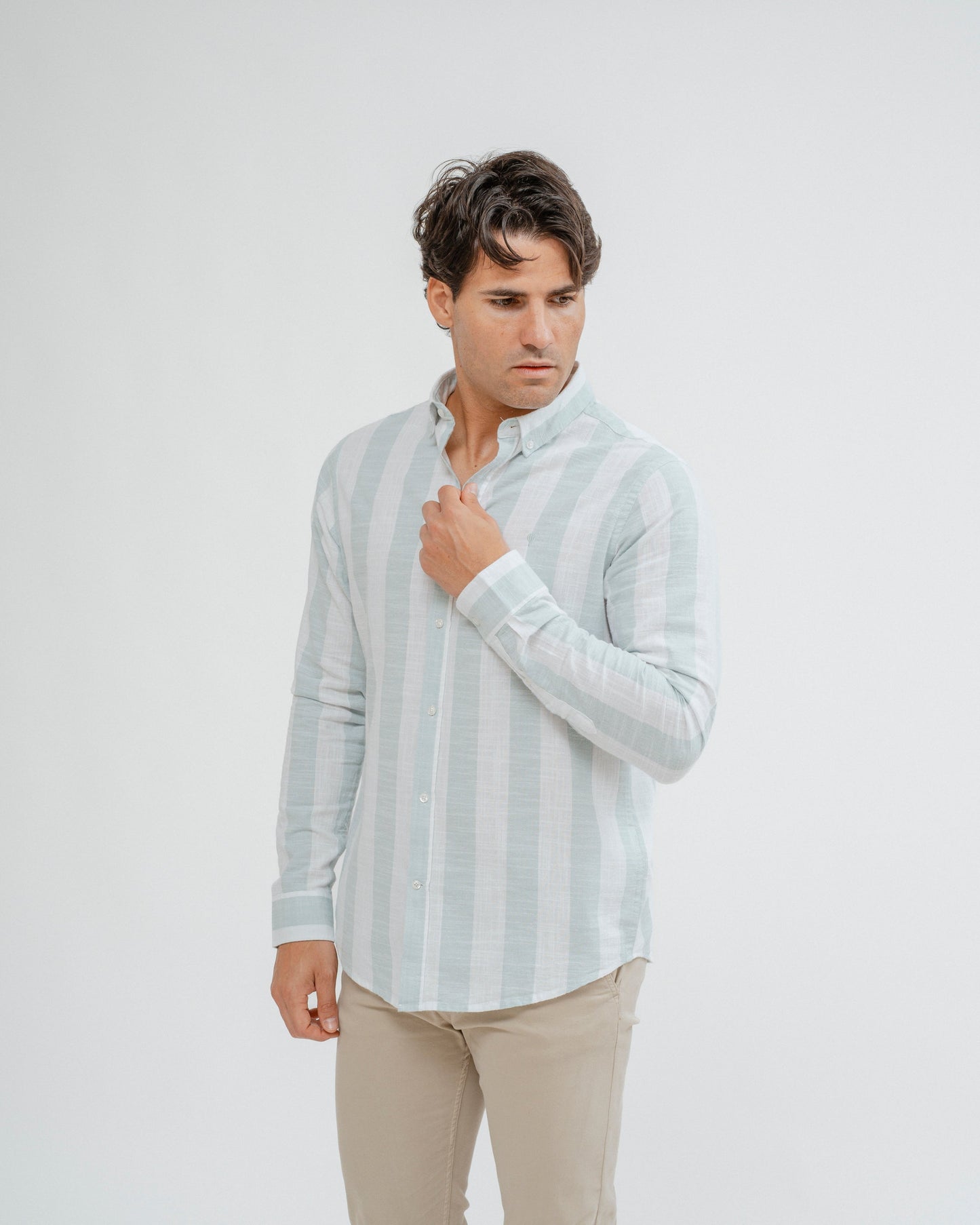 Camisa celeste a rayas 100% algodón para hombre