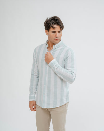 Camisa celeste a rayas 100% algodón para hombre
