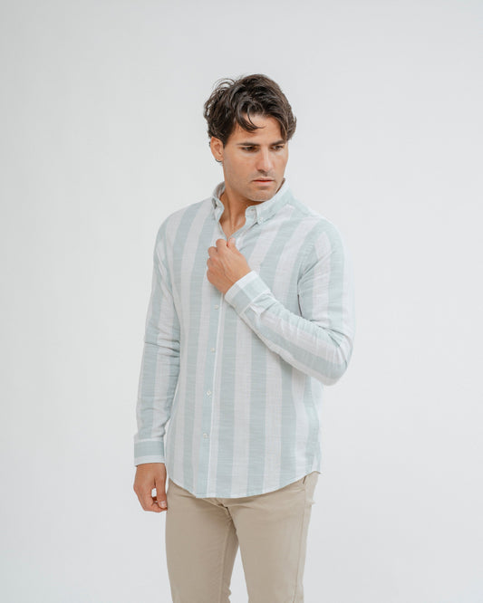 Camisa celeste a rayas 100% algodón para hombre