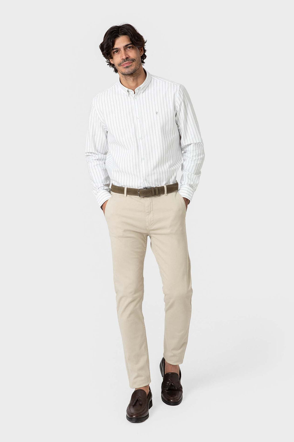 Camisa Oxford de rayas verdes de algodón para hombre