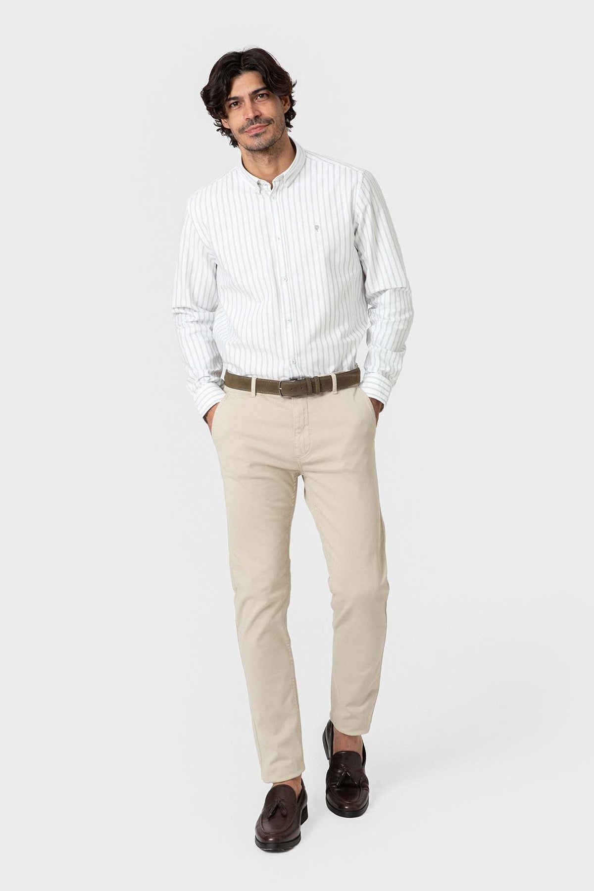 Camisa Oxford de rayas verdes de algodón para hombre