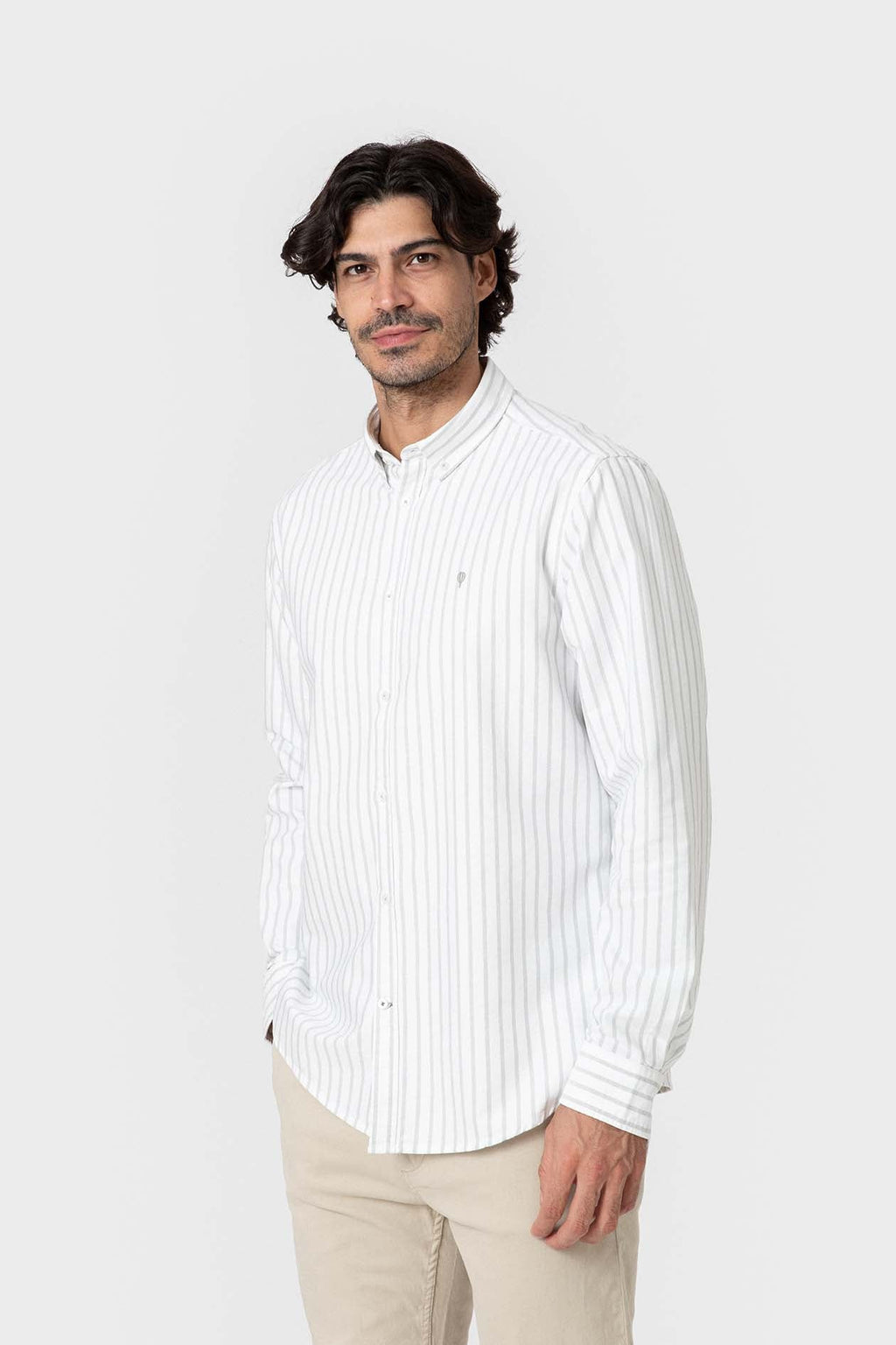 Camisa Oxford de rayas verdes de algodón para hombre