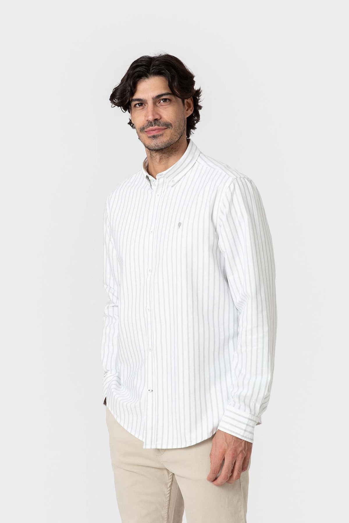 Camisa Oxford de rayas verdes de algodón para hombre