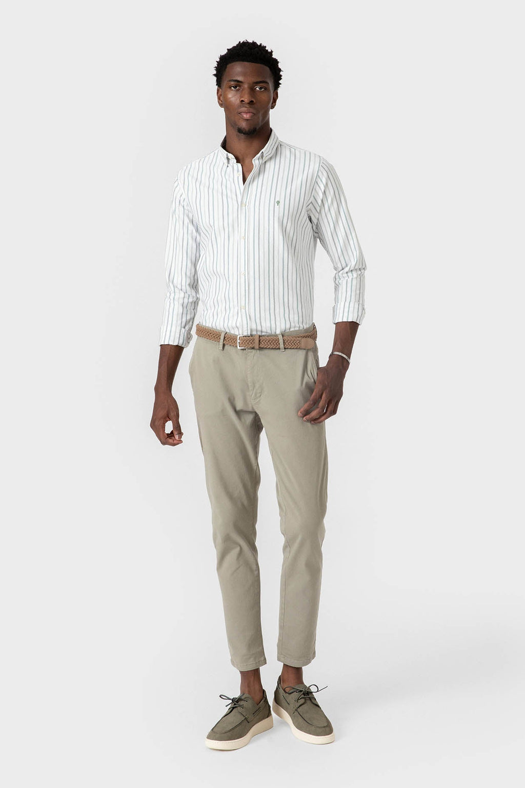 Camisa Oxford de hombre de algodón con rayas verdes