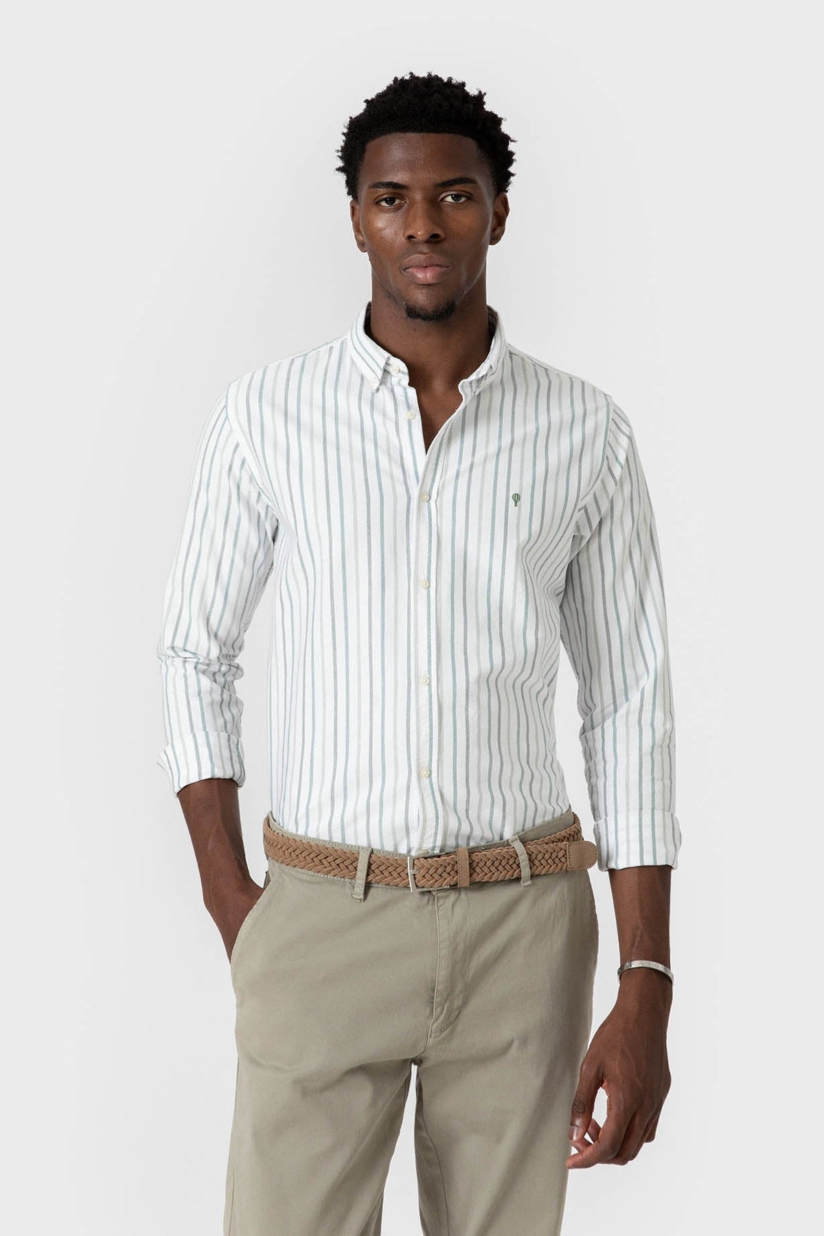 Camisa Oxford de hombre de algodón con rayas verdes