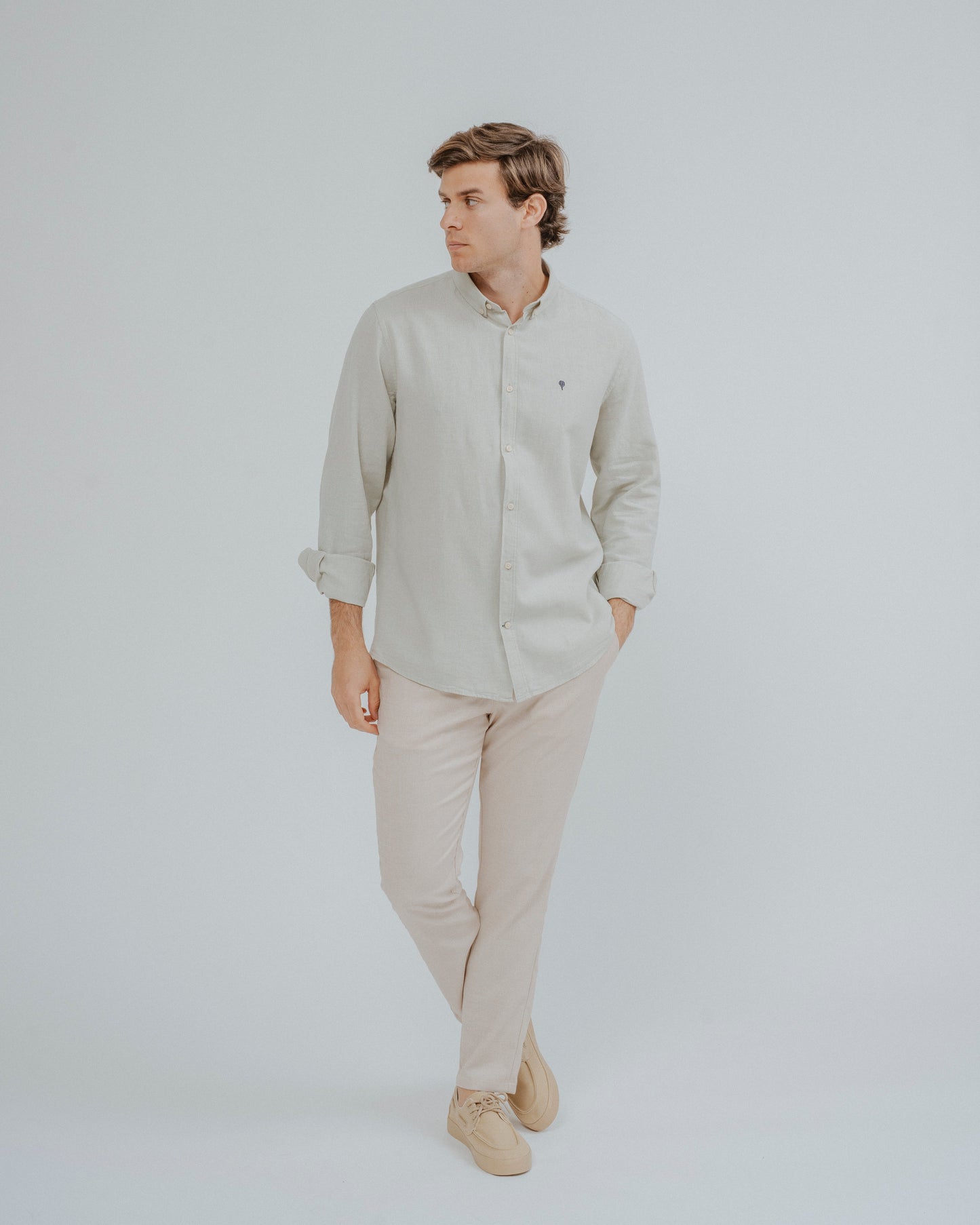 Camisa de lino y algodón verde de manga larga para hombre