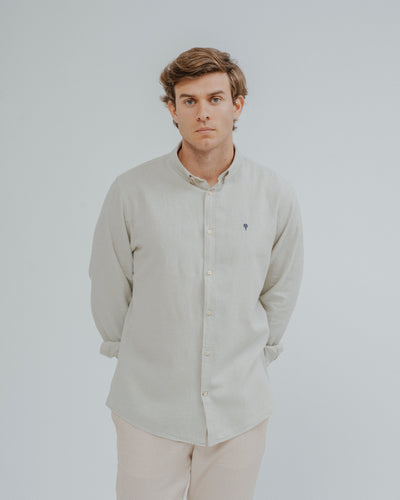 Camisa de lino y algodón verde de manga larga para hombre