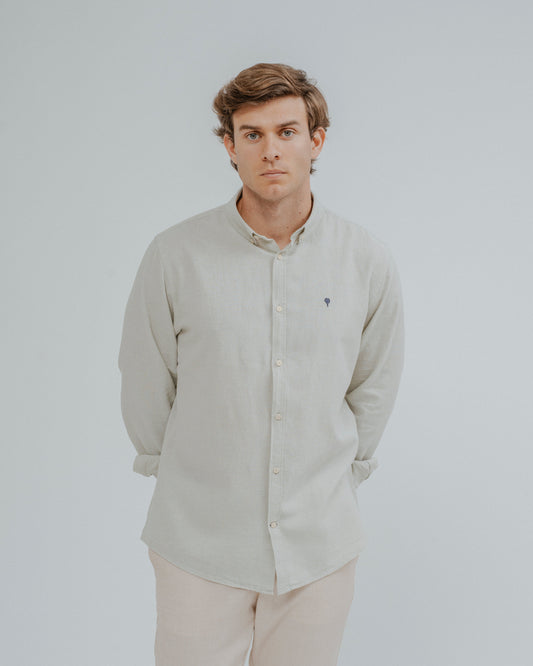 Camisa de lino y algodón verde de manga larga para hombre