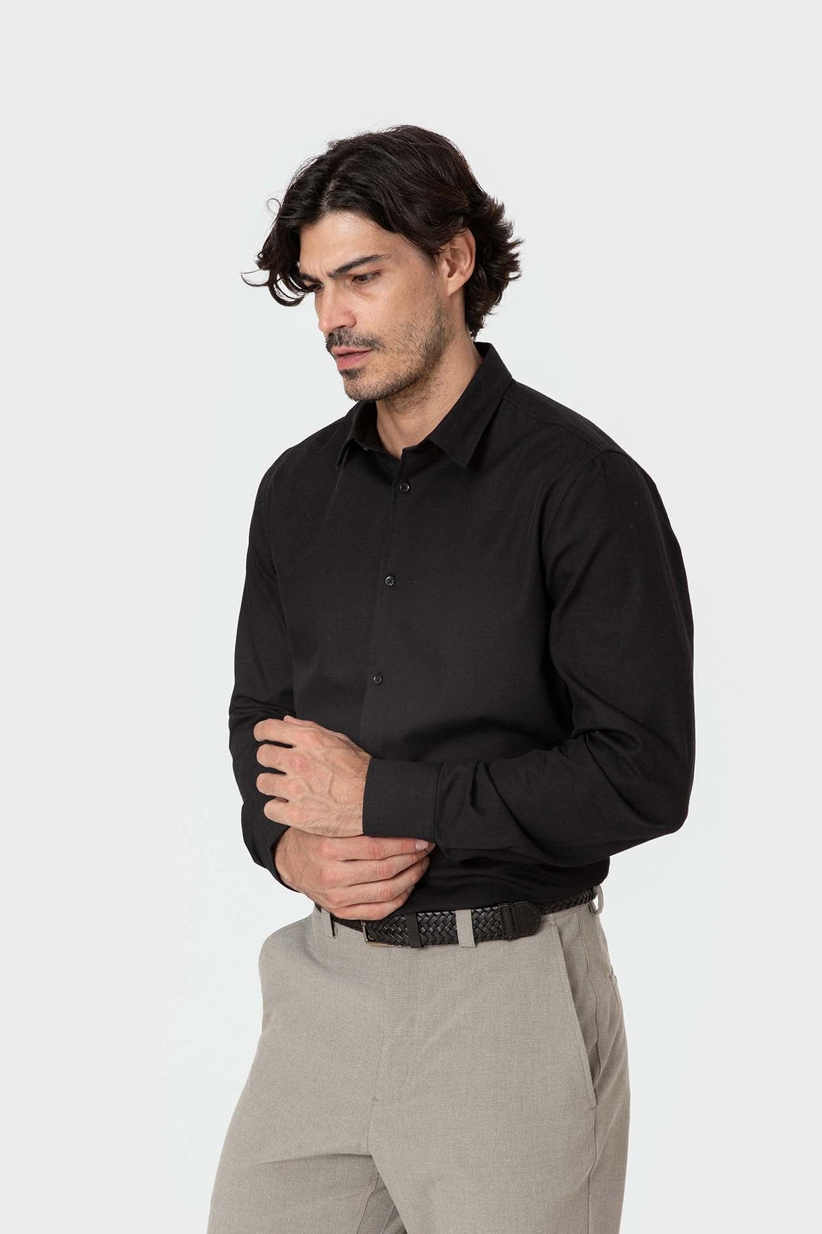 Camisa de vestir negra de algodón para hombre