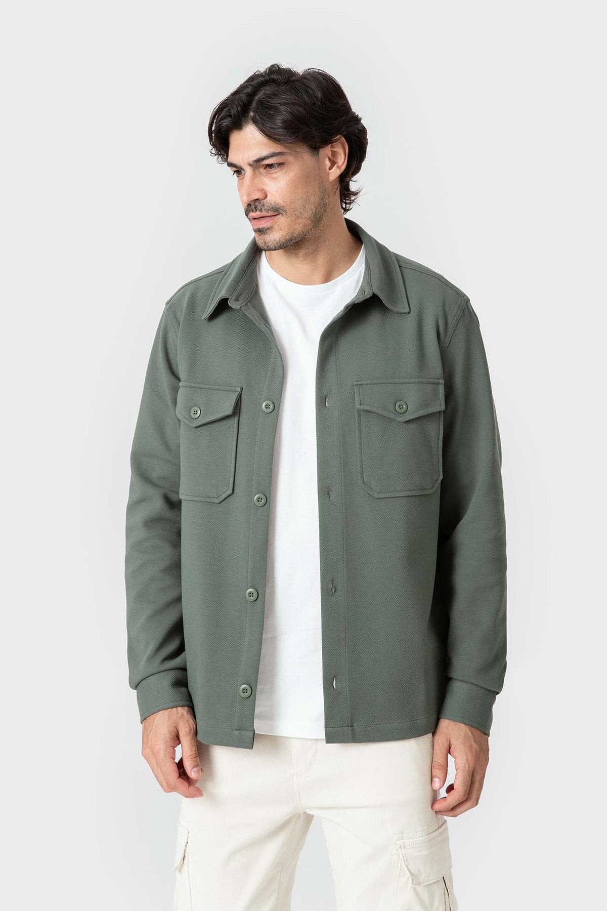 Sobrecamisa verde de punto con tejido diagonal para hombre