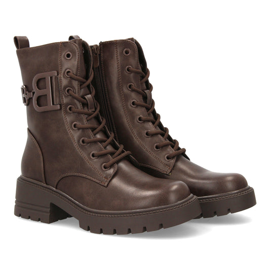 Bota estilo militar café de mujer, cordones, suela gruesa de goma dentada y cierre de cremallera, otoño invierno.