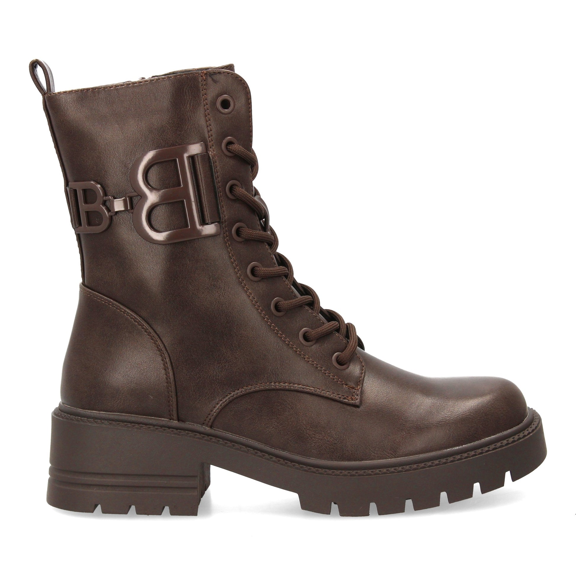Bota estilo militar café de mujer, cordones, suela gruesa de goma dentada y cierre de cremallera, otoño invierno.