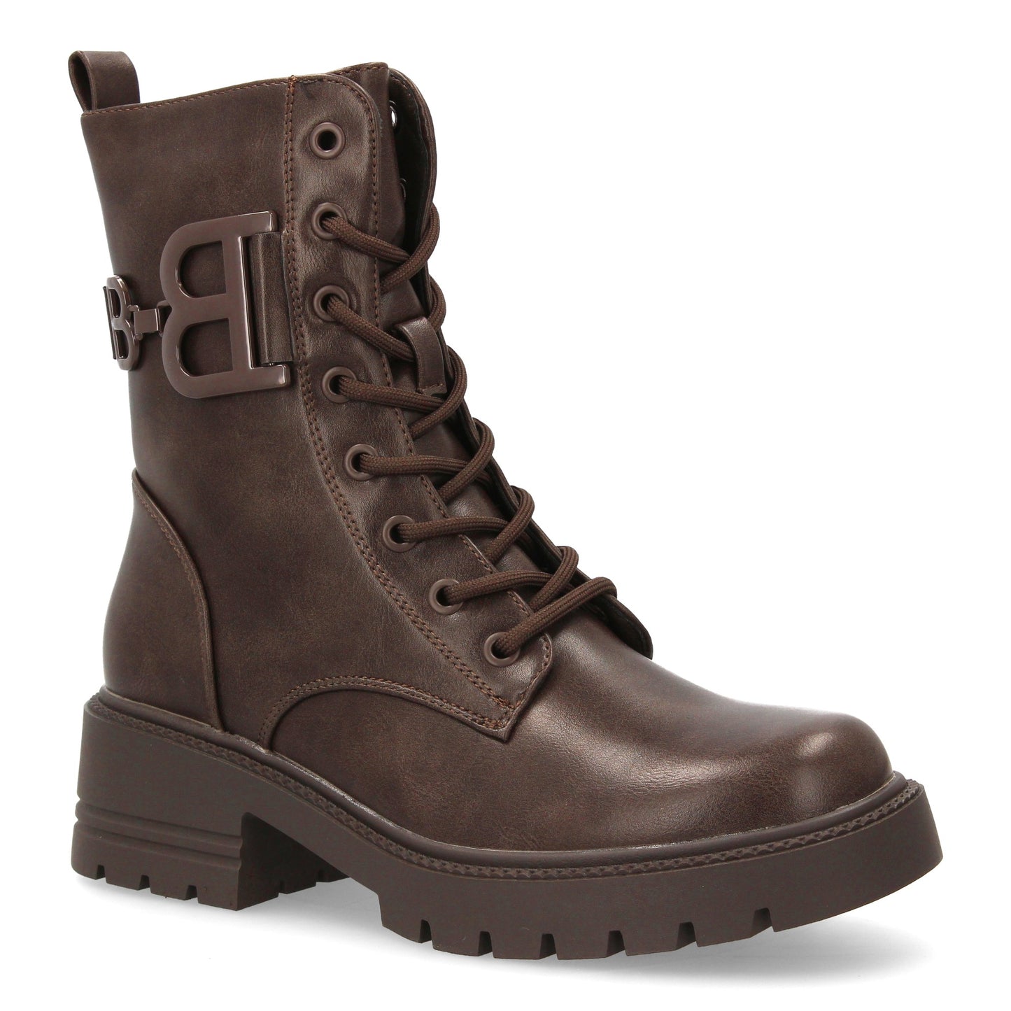 Bota estilo militar café de mujer, cordones, suela gruesa de goma dentada y cierre de cremallera, otoño invierno.