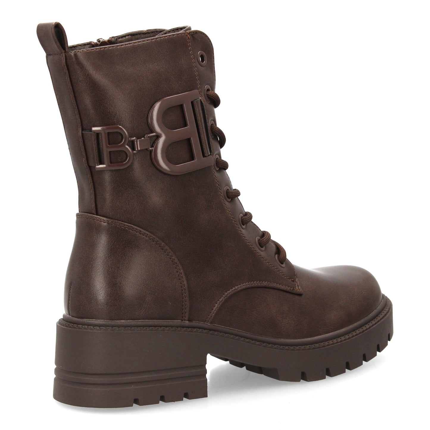 Bota estilo militar café de mujer, cordones, suela gruesa de goma dentada y cierre de cremallera, otoño invierno.